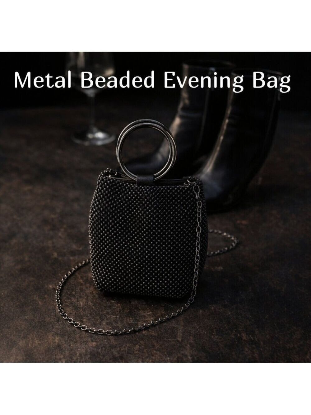 Black Beaded Hoop Handle Mini Bag | Gunmetal Chain Crossbody | Statement Evening